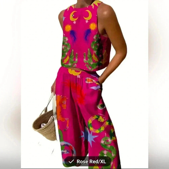 NWT Two Piece Graphic Print Sleeveless Crop Tank and Loose Fit Pant NIP … - Picture 2 of 6